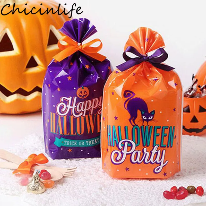 Chicinlife 20Pcs Halloween Plastic Pumpkin Cat Candy Bags Trick Or Treat Happy Party Cookie Gift Packaging Bag Supplie | Дом и сад
