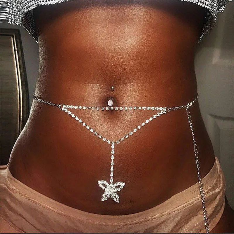 

Sexy Glittery Silver Rhinestone Crystal Body Chain Belly Waist Lower Back Chain Belly Chain For Belly Dance Summer Jewelry