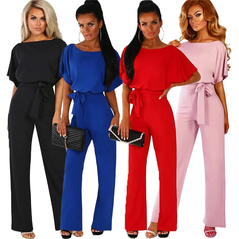 

2019 Summer Women Office Work Jumpsuits Casual Black Red Blue Loose Rompers Female Streetwear Short Sleeve Plus Size Jumpsuits