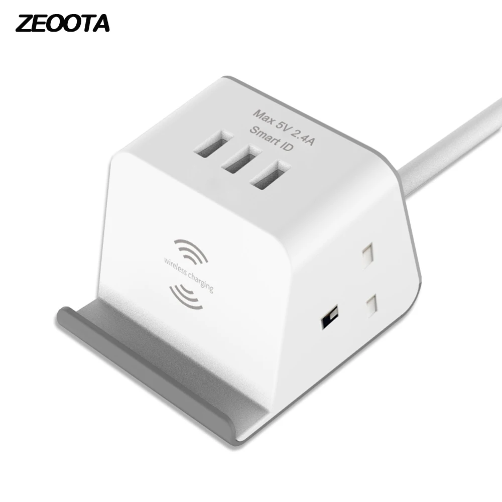 

Mutil Desktop Power Strip Wireless Charger Surge Protector 2 UK Outlet Plug Sockets with 3 USB Phone Holder 1.5m Extension Cord