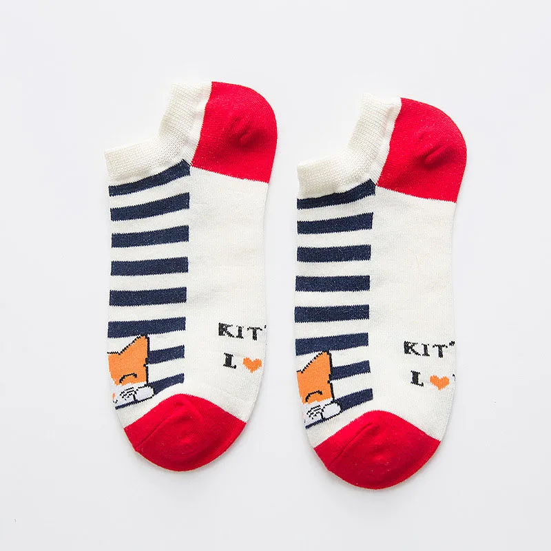 5 пар, женские хлопковые носки, мягкие, удобные, эластичные носки, с рисунком кота, в полоску, цветные, повседневные носки