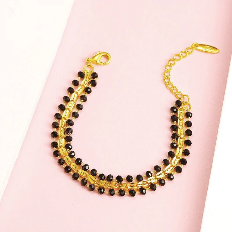 

MxGxFam 20cm (adjusted) Black Crystal Charm Beads Bracelet Jewelry for Women Fashion Pure Gold Color