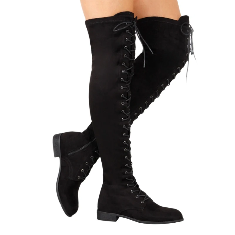 Пикантные женские сапоги ботфорты на шнуровке женские замшевые высокие сапоги до бедра в римском стиле женская зимняя обувь на плоской подошве, Размеры 35-43