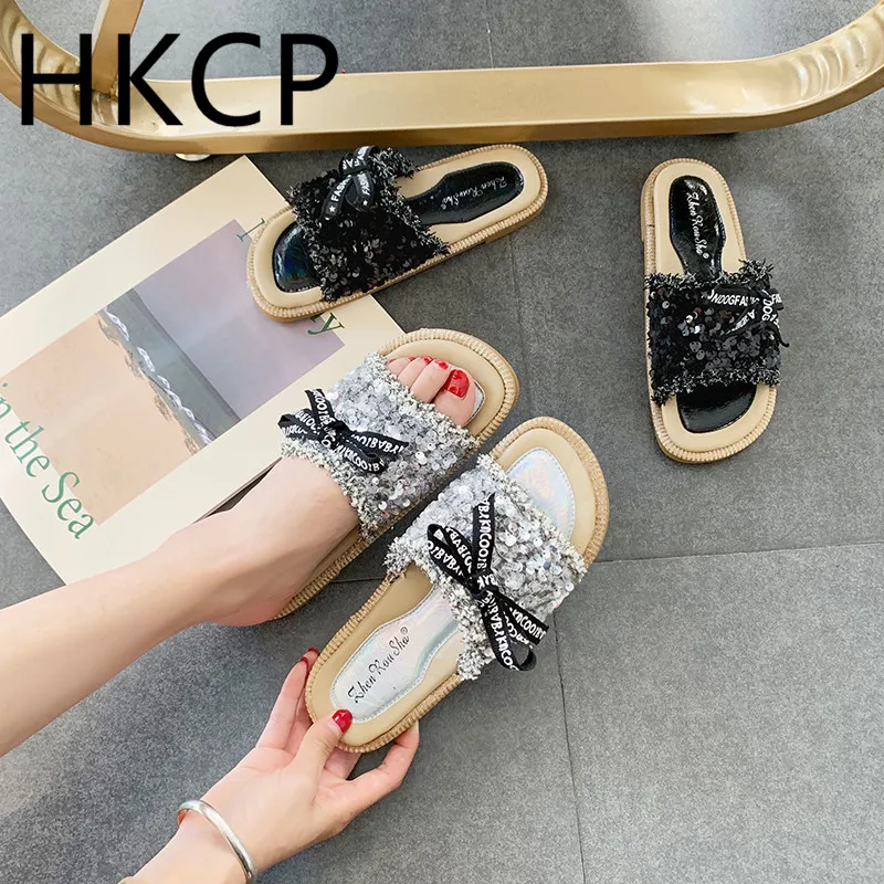 

HKCP Slippers female summer wear 2019 new fashion wild student sequins word flat bottom beach slippers C415