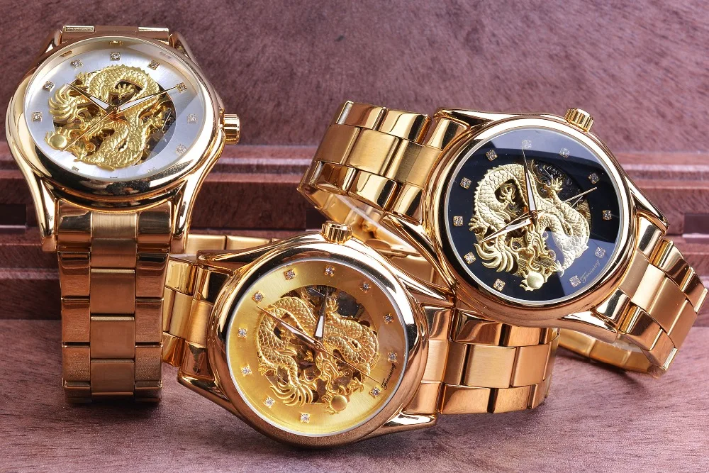 Forsining мужские часы золотой дракон Скелет Кристалл аналоговые автоматические часы Механические стальной ремешок наручные часы Relogio Masculino