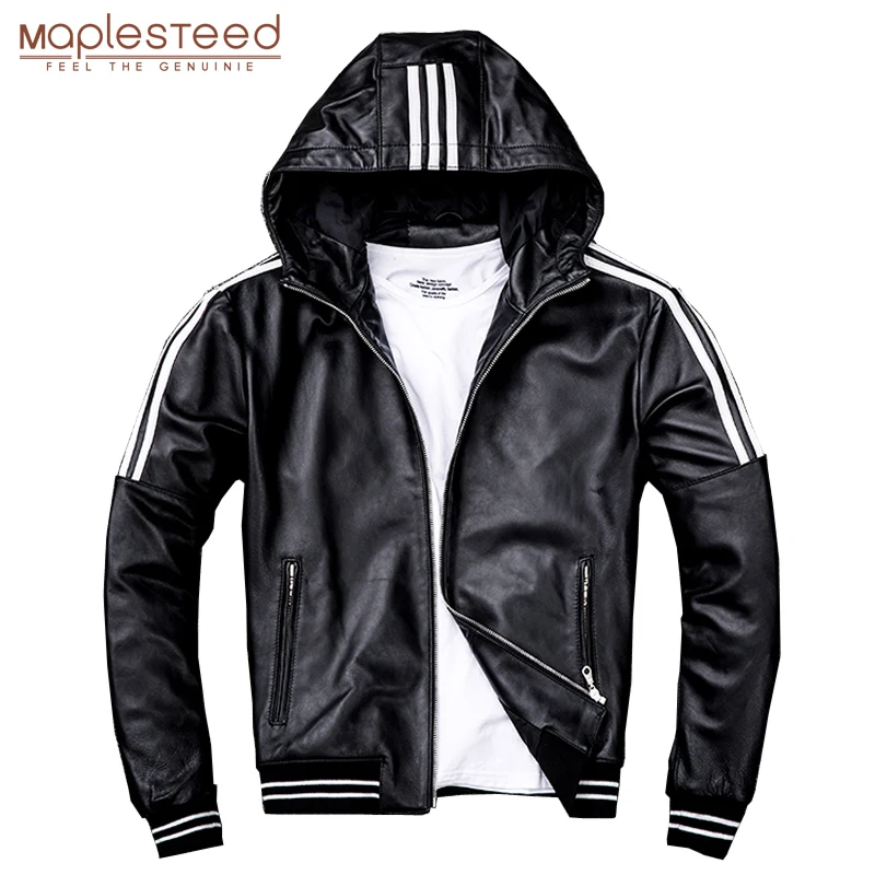 Real Lambskin Black and Brown Hooded Leather Jackets for Men Bomber Leather Jacket Men with Hood