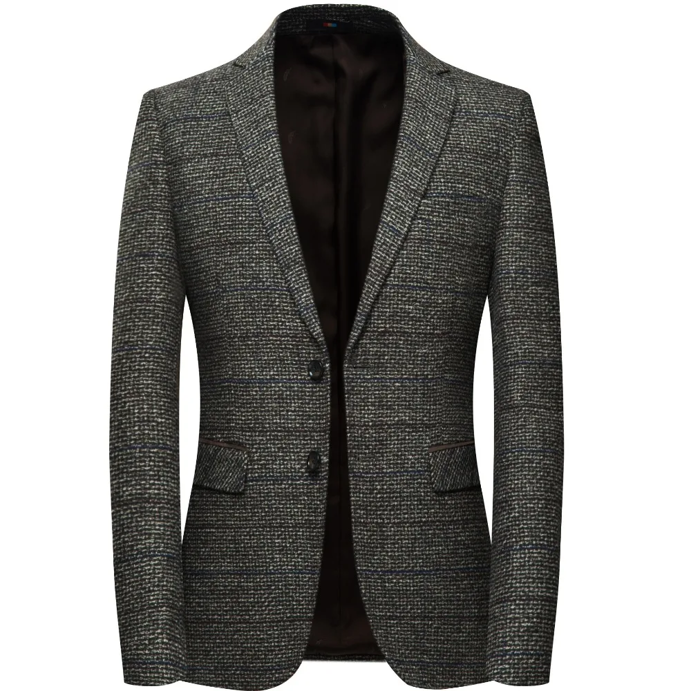 Los hombres de lana chaqueta Blazer con parche codo cuadros Tweed chaquetas de traje Slim Fit Casual de negocios vestido de chaqueta de hombre Elgland estilo m-4XL - 1