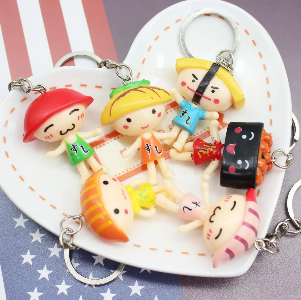 

6pcs Mix Colorful PVC Cartoon Sushi Man Very Cute Keychain Charms Keyring For DIY Decoration Accessories Small Gift Pendant
