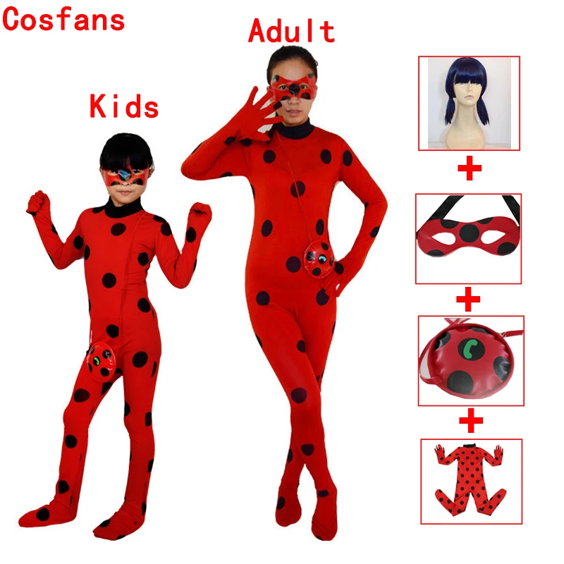 Hot New Adult Kids marinette Ladybug with Wig Bag Children Girls Ladybug Cosfans Costumes Lady Bug Costume for Halloween Cosplay