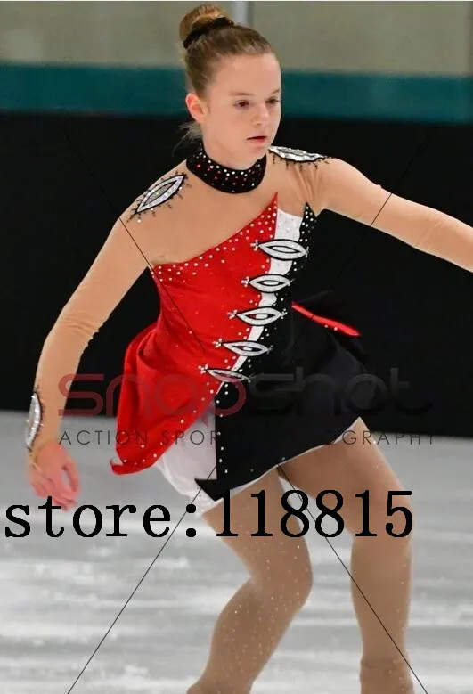 Black Red Silver Figure Ice Skating Competition Dress 