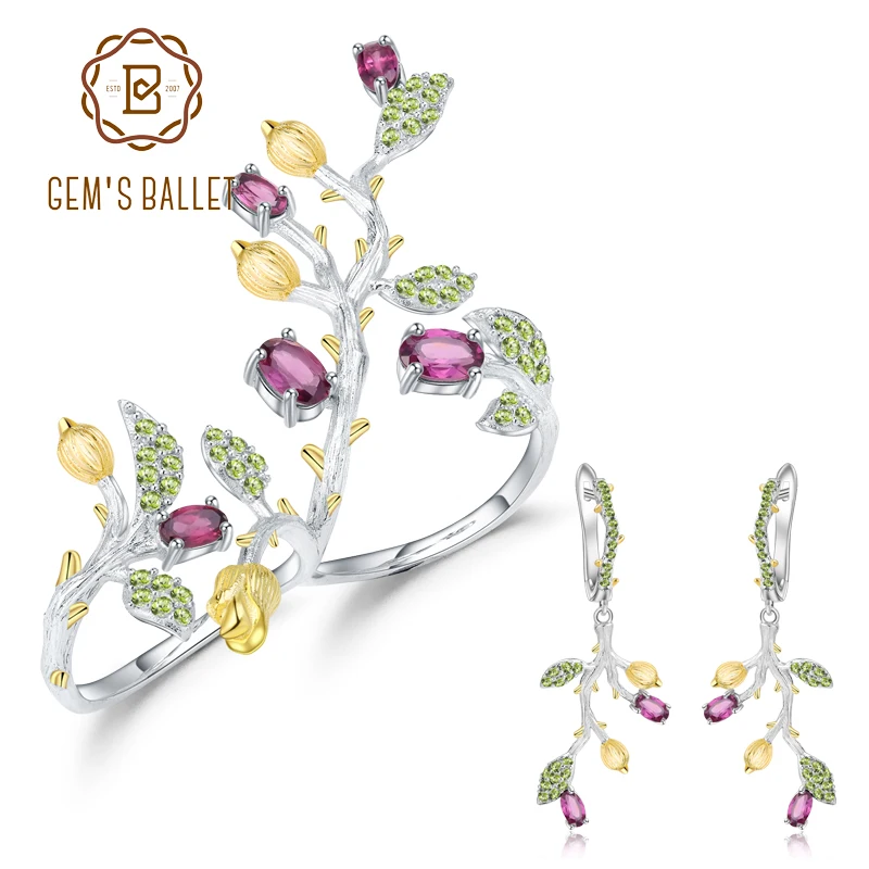 

GEM'S BALLET 925 Sterling Silver Branch Flower Jewelry Sets Natural Rhodolite Garnet Double Finger Ring Earrings For Women Party