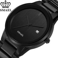 SMAEL-reloj analógico de cuarzo para hombre, cronógrafo de pulsera de acero inoxidable, color negro, sencillo, marca de lujo, erkek kol saati