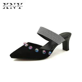 

XIUNINGYAN Women High Heel Shoes Pointed Toe Slides 2018 Summer Sandals Slip on Crystal Slingbacks Pumps Shoes Big Size 33-43