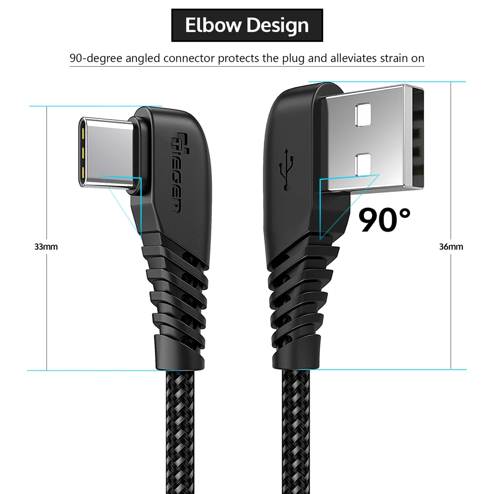 TIEGEM 90 градусов usb type C кабель 3A USB-C кабель type-C провод для быстрой зарядки для samsung S8 S9 S10 PLUS кабель для мобильного телефона 2 м 3 м