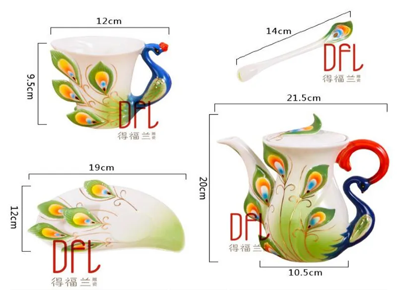 Костяного фарфора 3D Павлин кофейник наборы чашек в европейском стиле coffeeware чайник кружки с блюдцем ложка drinkware любителей подарки