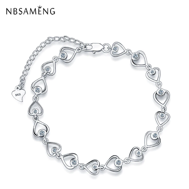 New Authentic 925 Sterling Silver Bracelet Heart To Heart Crystal