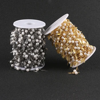 

6mm Luxury Simulated Round White Pearl Beads Chain,Golden/Gun Black Plated Wire Wrapped Rhombus Copper Accessory Findings