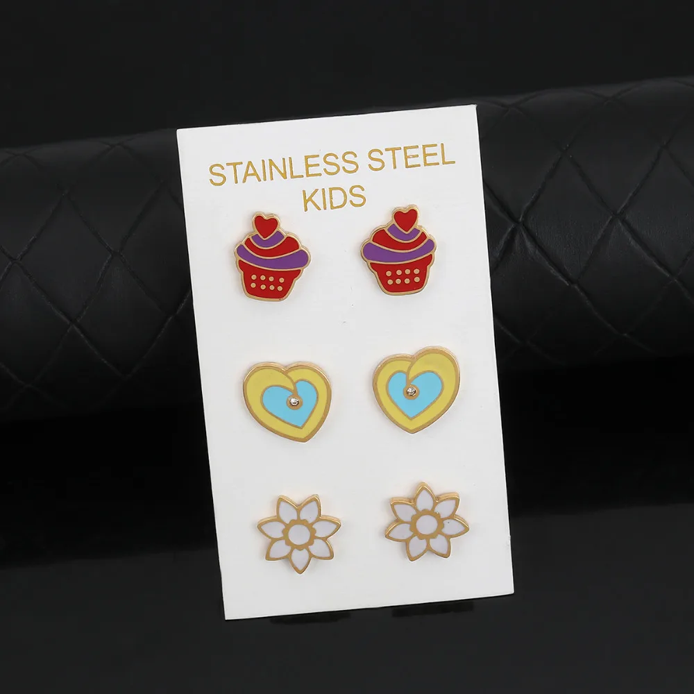 8Seasons Stainless Steel Ear Post Stud Earrings Gold Color Multicolor Cake Heart Enamel Fashion 1 Set ( 3 Pairs/Set) | Украшения и