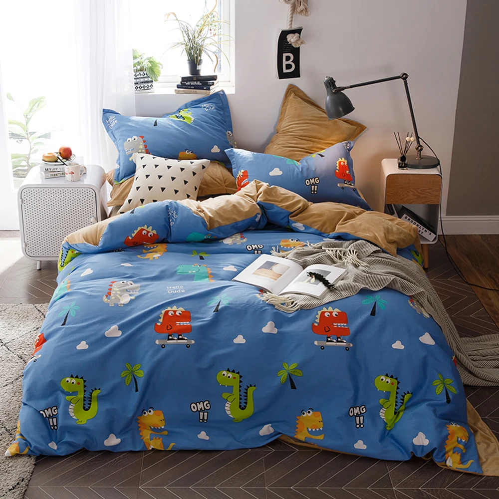 

2018 Cartoon Dinosaur Blue Bedlinens 1 Side Cotton 1 Side Coral Fleece Bedding Set Twin Queen King Duvet Cover Set Pillowcases