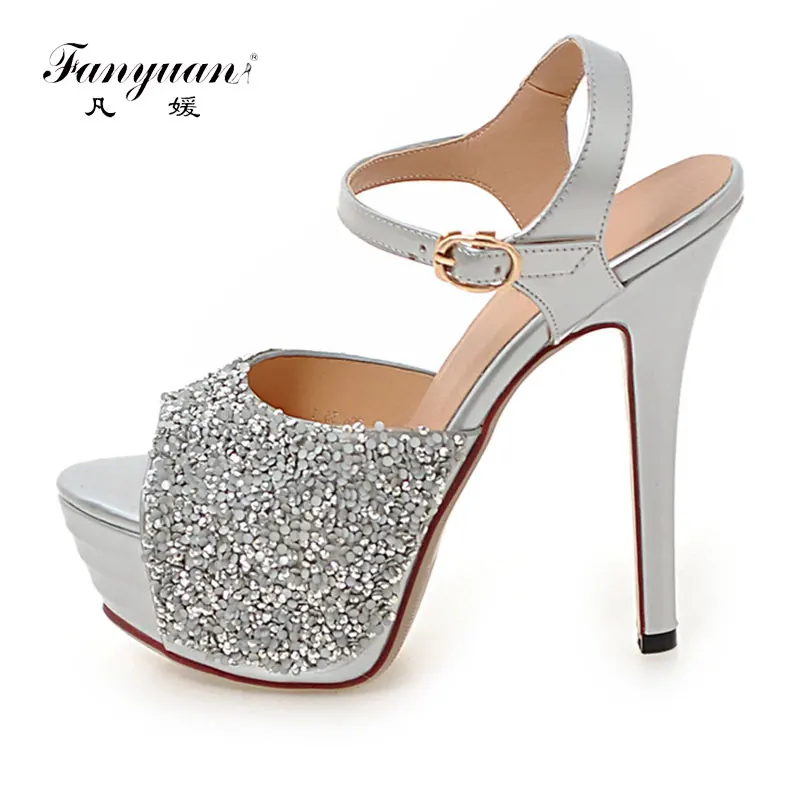 

Fanyuan 2018 Women High heels Prom Wedding shoes Lady Platforms Silver Glitter Rhinestone Bridal Shoes Ankle Strap Party sandals