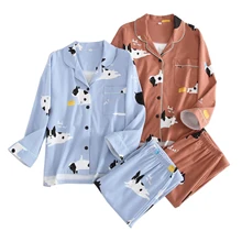 New Cute dogs sleepwear women pajamas sets spring knit cotton long-sleeved homewear female nightgown women pyjamas