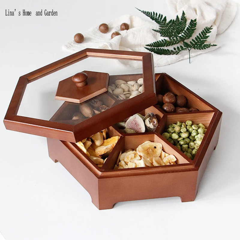hexagonal antique Chinese solid wood compartment food serving tray with clear lid