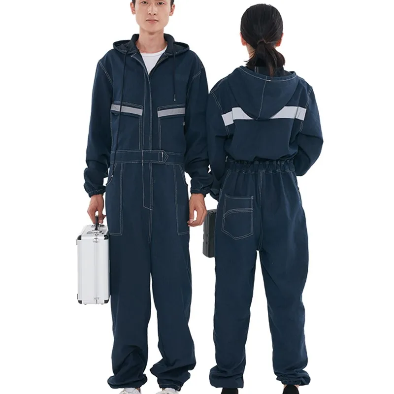 Denim Overalls Work Clothing Men Women Long Sleeved Hooded Coveralls Labor Overalls For Welding Auto Repair Painting Spraying