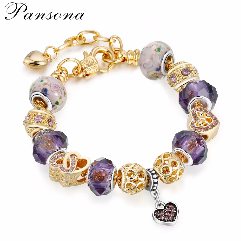 Lobster Clasp Gold Charm Bracelets Silver Plating Crystal Purple Beads