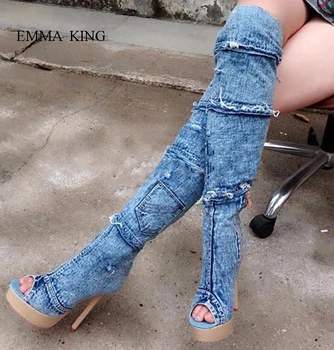

EMMA KING Denim Splicing Over the Knee Boots Women Summer Sexy Peep Toe Sandals Boots Stiletto High Heels Ladies Sandalias Mujer