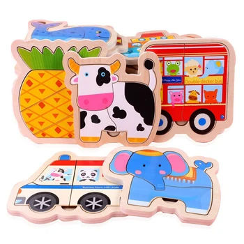 Wooden Baby Toy 3D Puzzles Jigsaw Board Colorful Animals Vehicles Fruts Cartoon Shapes Puzzle Toy for Children Baby Boys Girls 1