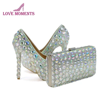 

Crystal AB Wedding Shoes Thin Heel Women Party Prom Pumps with Matching Bag Gorgeous Bridal Dress Shoes with Clutch Champagne