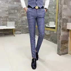2019 Slim Fit мужские костюмные брюки, синий, серый, бизнес Банкетный для мужчин s платье брюки размеры 5XL человек клетчатые брюки