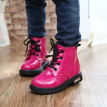 

Girls shoes boots 2017 autumn low help rose red leather skin waterproof girls leather boots Martin boots kids leather boots