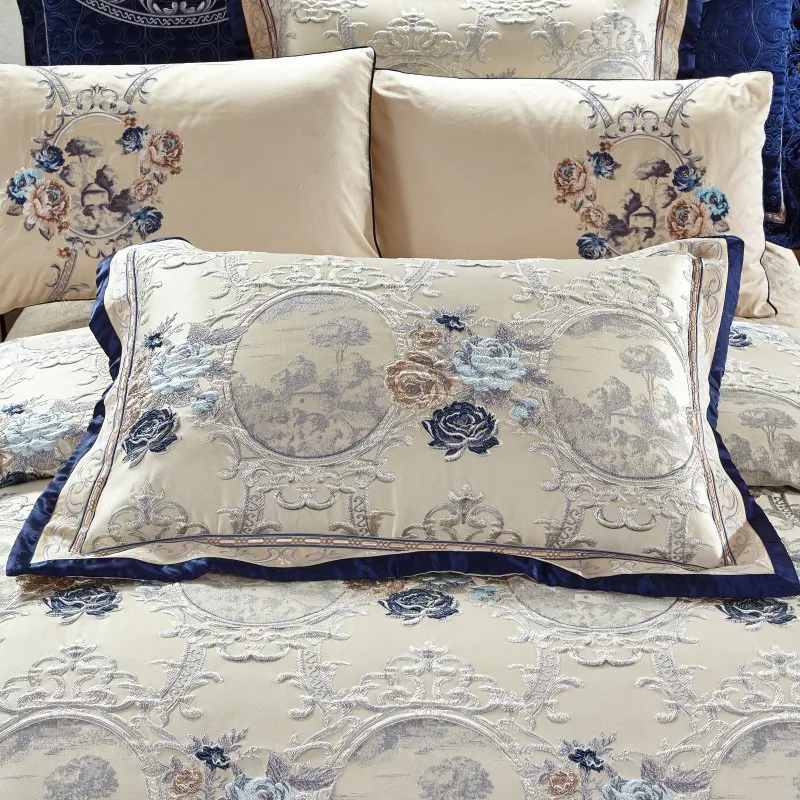 Cotton Flat sheet Bed Spread Duvet Cover Pillowcases Blue Jacquard Luxury Bedding Set 12