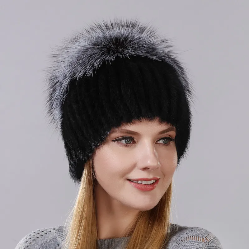

Hot Style Female Mink Fur Cap For Women Winter Warm Hat Vertical Knitted Mink With Fluffy Silver Fox Part Less On The Top Hat