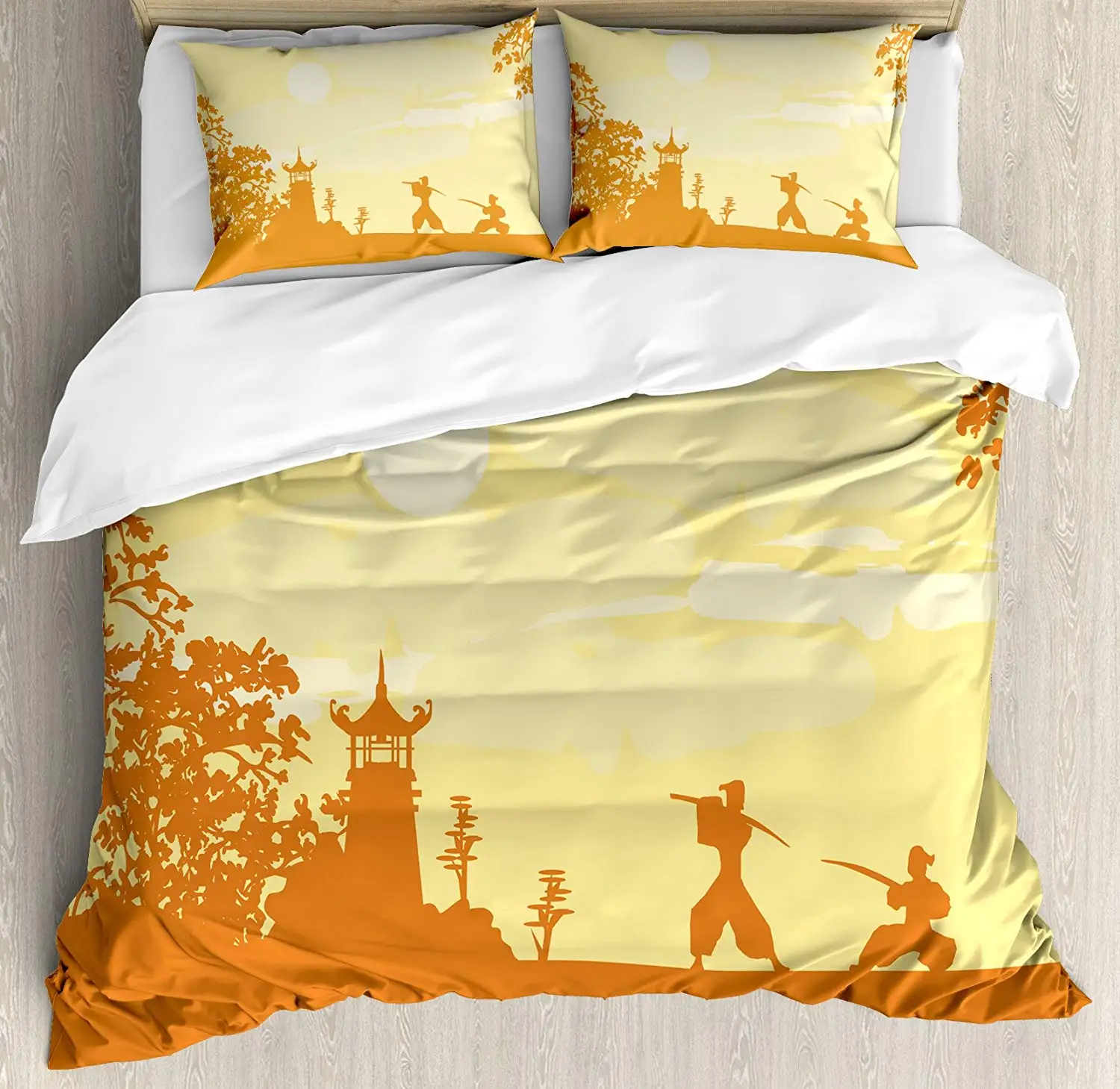 

Japanese Duvet Cover Set Silhouette of Two Ninja Figures in front of Temple at Sunset Sakura Pattern 4 Piece Bedding Set