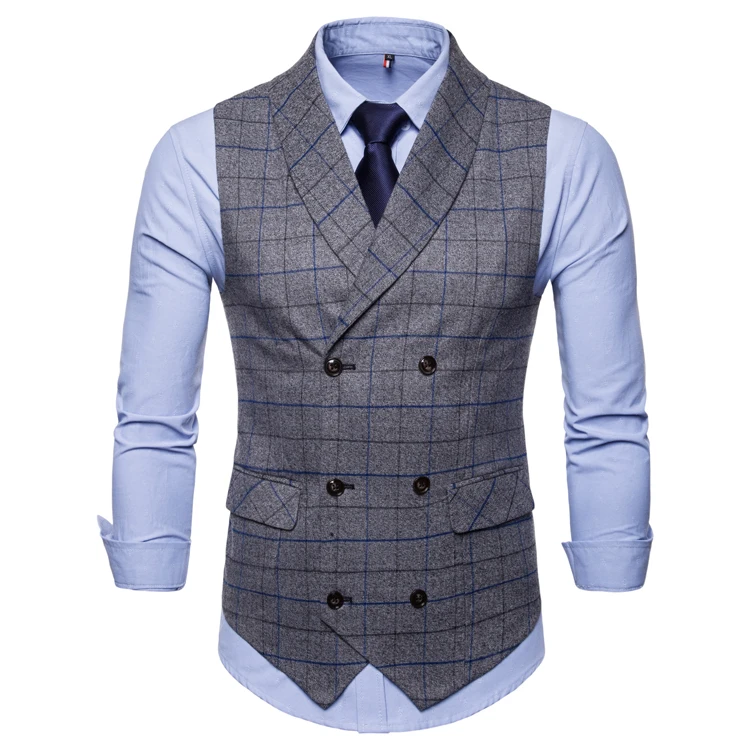 Double Breasted Suit Waistcoat Men Gilet Homme New Classic Plaid Suit