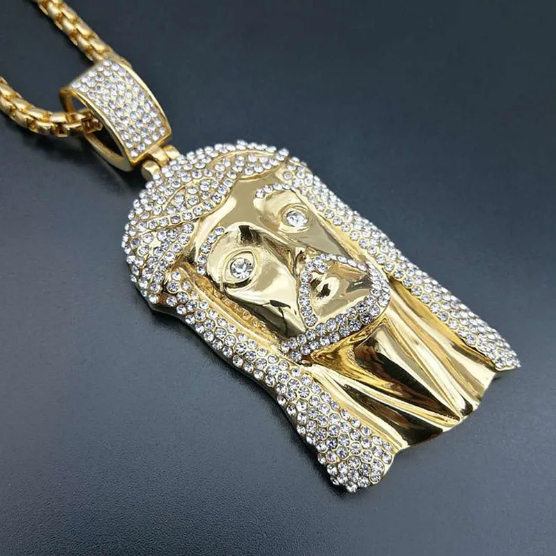 Хип-хоп раппер Bling Iced Out большой кусок Иисуса Подвески Ожерелья золотистого цвета 316L ювелирные изделия из нержавеющей стали с 2" золотой цепочкой