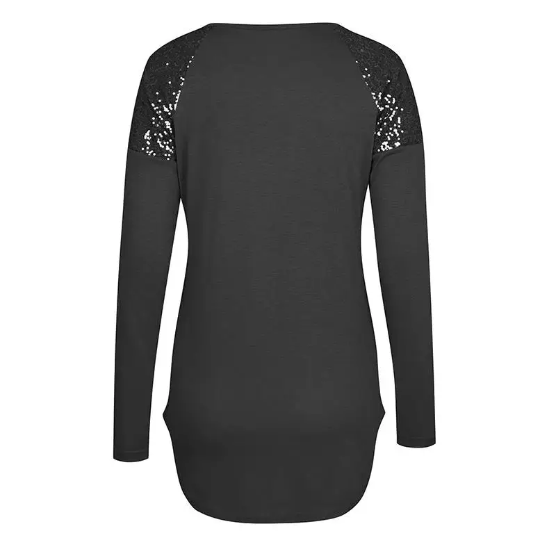 Модная Осенняя футболка для женщин топ с блестками круглый вырез Blusa длинным рукавом Женские топы женские футболки WS5024V