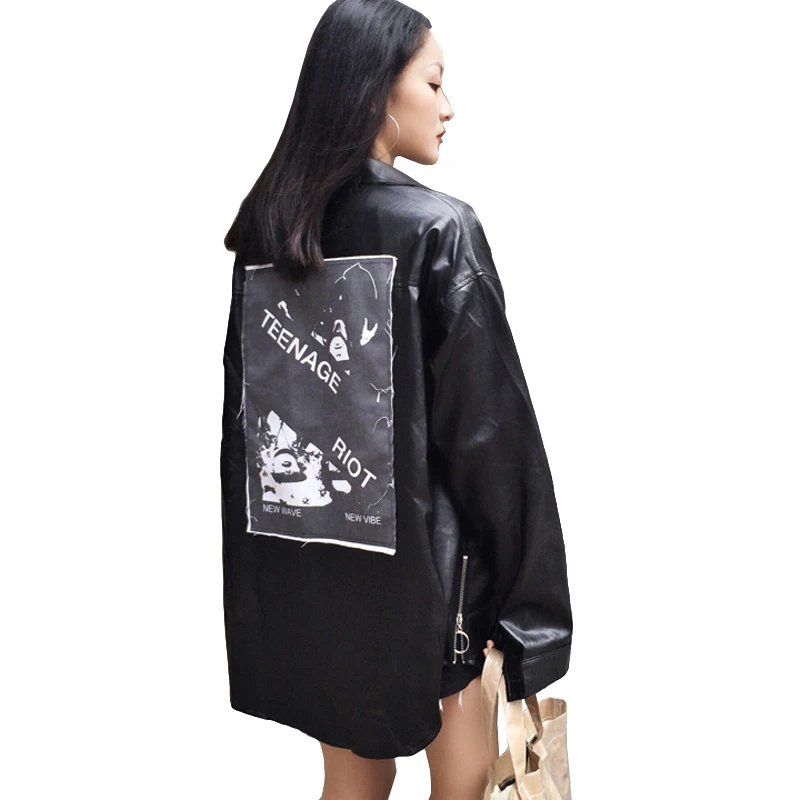Goede Harajuku Windjack vrouwen PU Jas 2018 Herfst Lange Mouwen Lederen Jassen Voor Vrouwen Terug Patch Afdrukken Basic Vrouwelijke Jas