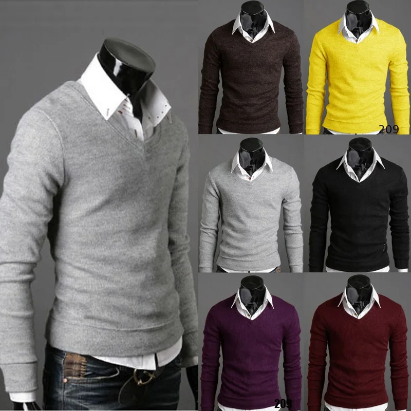 2018 Мода v-образным вырезом свитера Стильный трикотажные с длинным рукавом Для мужчин свитер мужской сплошной дна свитер