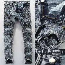 Мужские узкие Подиумные прямые зимние джинсовые штаны рваные джинсы