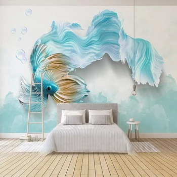 

Photo Wallpaper Modern 3D Abstract Blue Peacock Fish Mural Living Room TV Sofa Background Wall Papers For Walls 3 D Home Decor