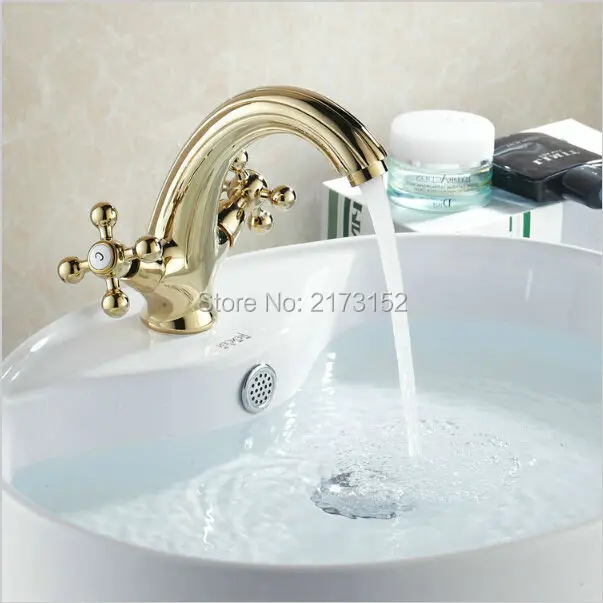 Luxury Gold Plated Single Hole Bathroom Faucet With Double Wheel Handle