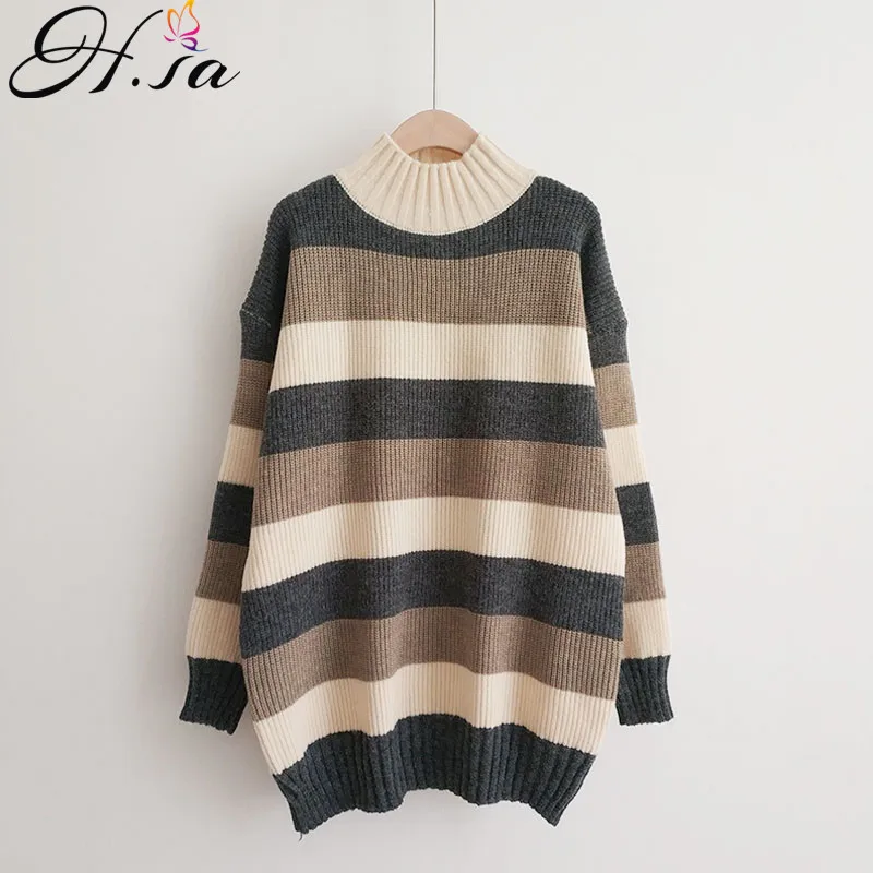 

H.SA Women Pullover and Sweaters High Turtleneck Colorful Striped Loose Jumpers Long Sleeve Oversized Korean Sweaters Loose Tops