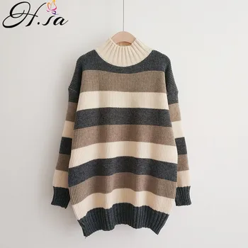 

H.SA Women Pullover and Sweaters High Turtleneck Colorful Striped Loose Jumpers Long Sleeve Oversized Korean Sweaters Loose Tops