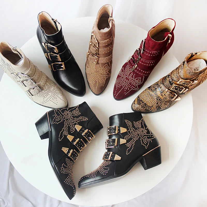 

Hot Brand Rivets Embellished Ankle Boots Med Heel Women Boots Belt Buckle Flower Pattern Leather Punk Stylish Sapato Feminino
