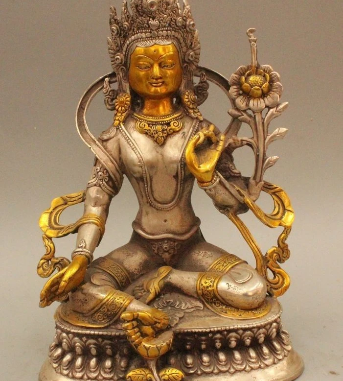 

9" Tibet Silver Gilt Green Tara Mahayana Buddhism enlightenment Goddess Statue