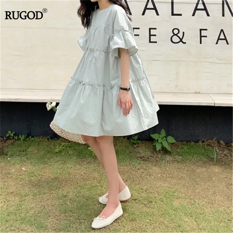 

RUGOD Summer Women Dress 2019 Korea Dresse O-neck Ruffles Flare Sleeve Plus Size Dresses Preppy Style Vestidos