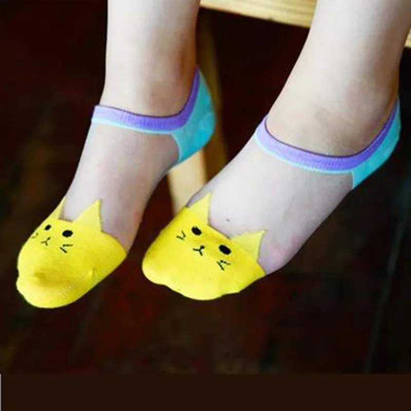 Короткие Прозрачные Носки с рисунком кота милые женские носки модные аксессуары для одежды милые летние носки удобные милые носки - Цвет: Цвет: желтый